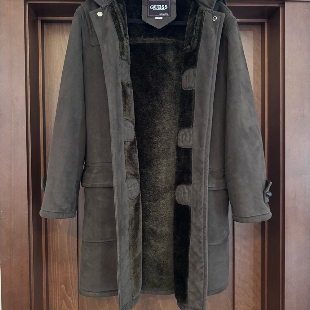 Vintage GUESS Suede Shearling Toggle Duffle Coat Hooded Brown M/L